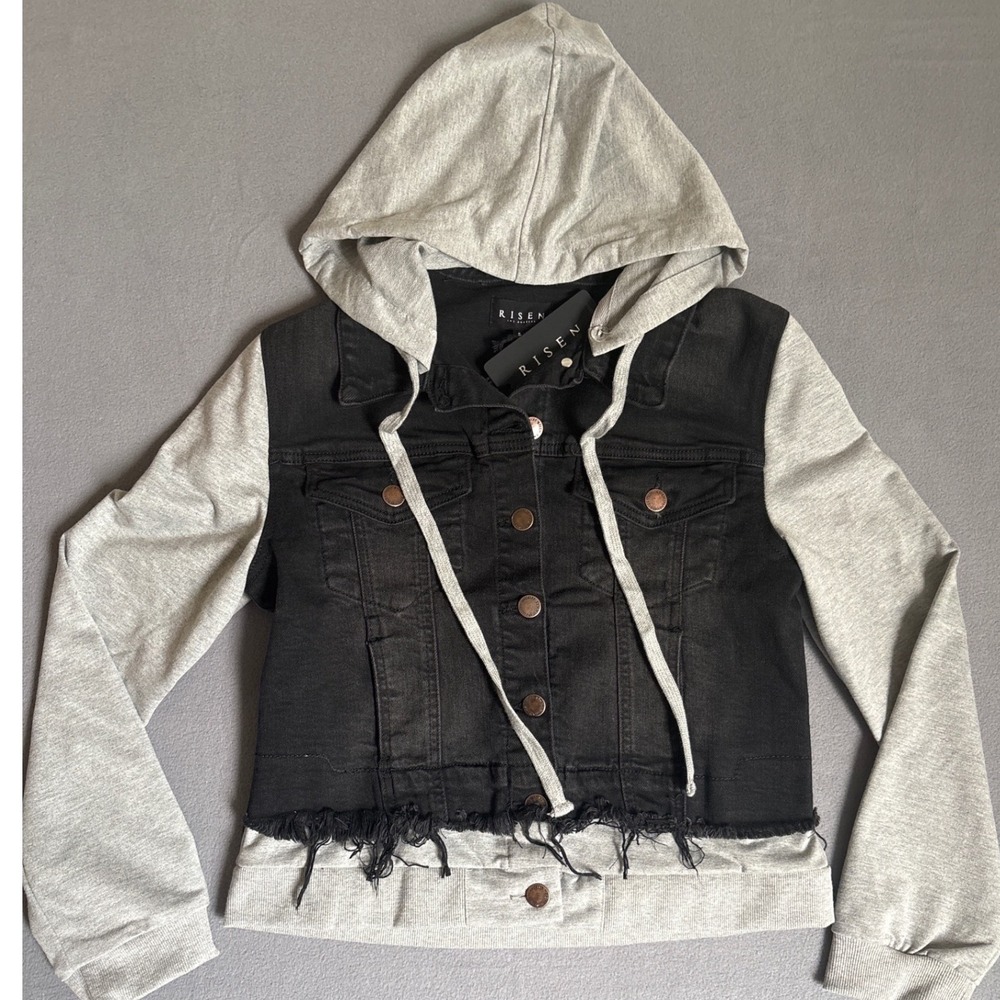 Risen Denim Hoodie Jacket Women S Black NEW Raw Hem Layered